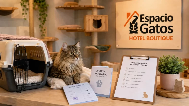 Gato en Espacio Gatos junto a libreta sanitaria, certificado de vacunación y requisitos para una estadía felina en CABA.