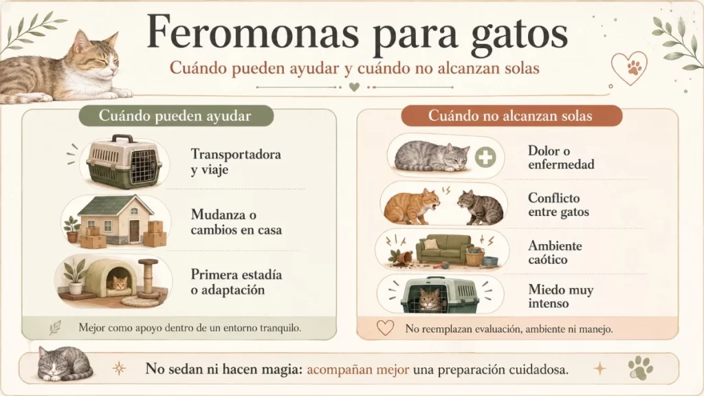 Infografía sobre feromonas para gatos que explica cuándo pueden ayudar en viajes, mudanzas o primeras estadías y cuándo no reemplazan evaluación, ambiente ni manejo.