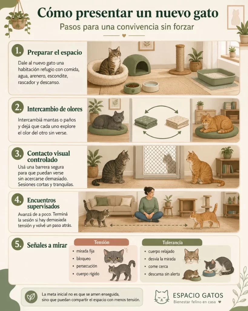 Infografía sobre cómo presentar un nuevo gato al que ya vive en casa, con etapas de preparación del espacio, intercambio de olores, contacto visual controlado, encuentros supervisados y señales de tensión o tolerancia