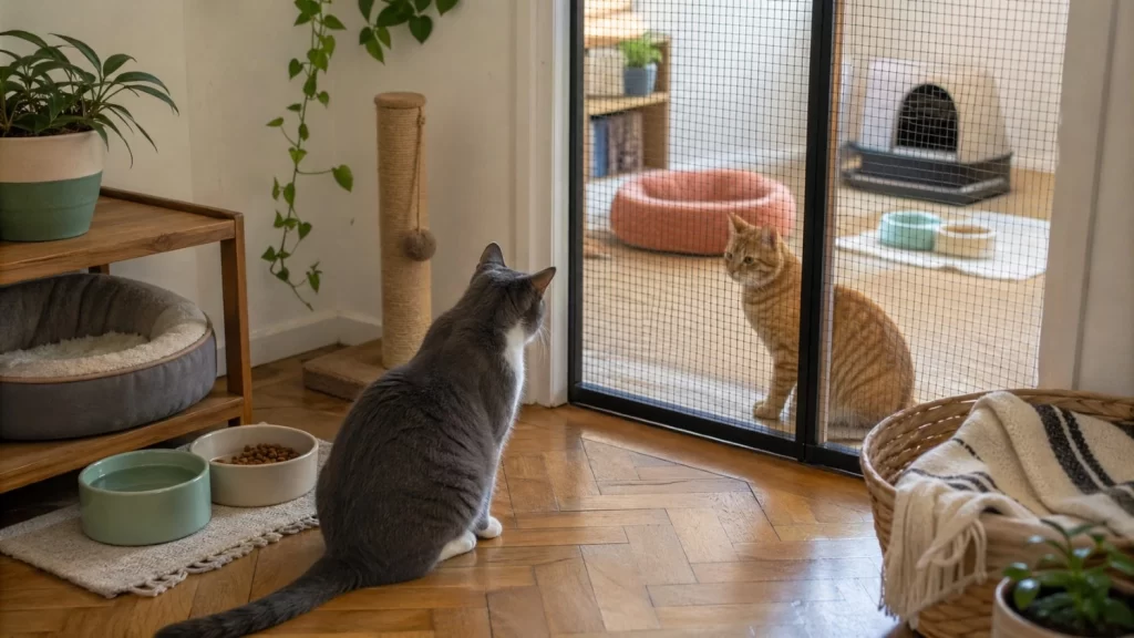 Dos gatos en un departamento observándose a través de una barrera de malla durante una presentación gradual, con recursos separados visibles en cada espacio.