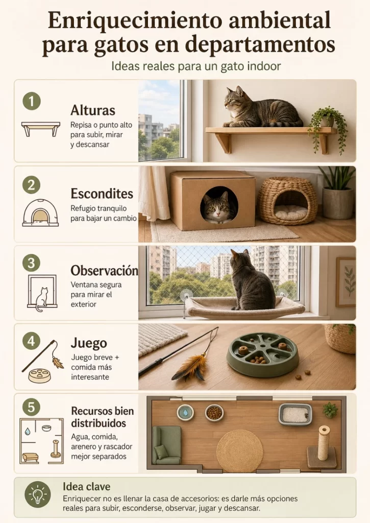 Infografía sobre enriquecimiento ambiental para gatos indoor en departamentos, con ideas de alturas, escondites, observación, juego y mejor distribución de recursos en poco espacio.