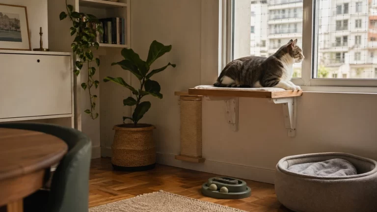 Gato indoor descansando sobre una repisa junto a una ventana segura en un departamento, con cama, rascador y juguete interactivo en un ambiente cálido y funcional.