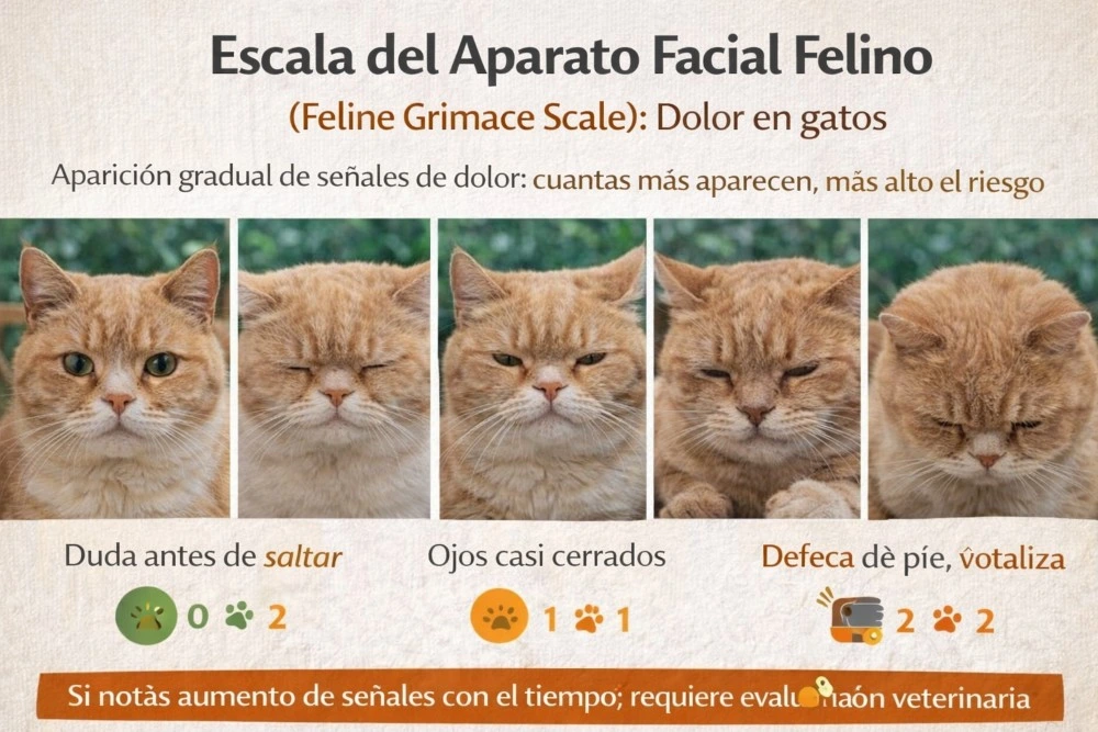 Guía visual de la Escala Feline Grimace que muestra cambios progresivos en orejas, ojos, hocico, bigotes y postura facial para identificar dolor agudo en gatos.
