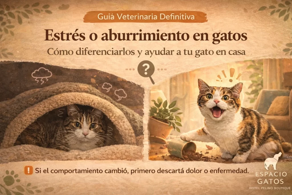 Imagen hero de Espacio Gatos sobre estrés o aburrimiento en gatos, mostrando un gato escondido bajo una manta y otro maullando junto a una maceta caída para representar ambas conductas.