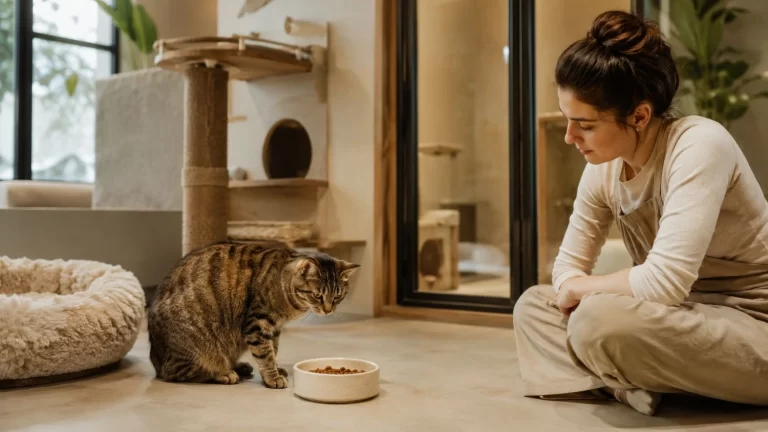 Gato con poco apetito frente a su plato mientras una cuidadora observa señales durante una estadía en Espacio Gatos, hotel felino en Buenos Aires.