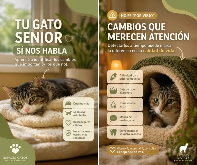 Gato senior descansando sobre una manta en un ambiente cálido, con texto informativo sobre cambios normales y señales de alerta que no deben normalizarse en gatos mayores.