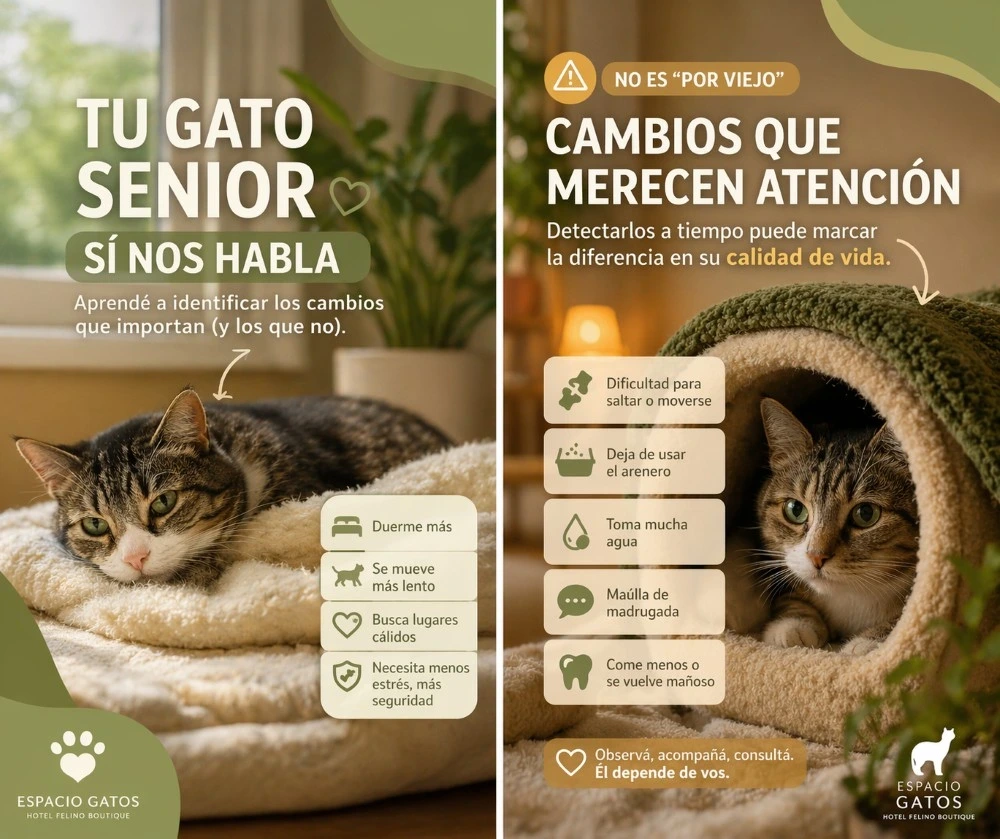 Gato senior descansando sobre una manta en un ambiente cálido, con texto informativo sobre cambios normales y señales de alerta que no deben normalizarse en gatos mayores.