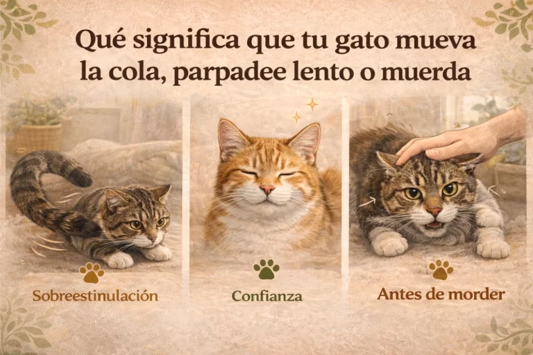Ilustración hero para artículo sobre comportamiento felino. La imagen muestra tres escenas: un gato con la cola rígida y agitada como señal de sobreestimulación, un gato relajado con parpadeo lento que expresa confianza y un gato que da señales previas a la mordida mientras recibe caricias, incluyendo orejas hacia atrás y tensión corporal.