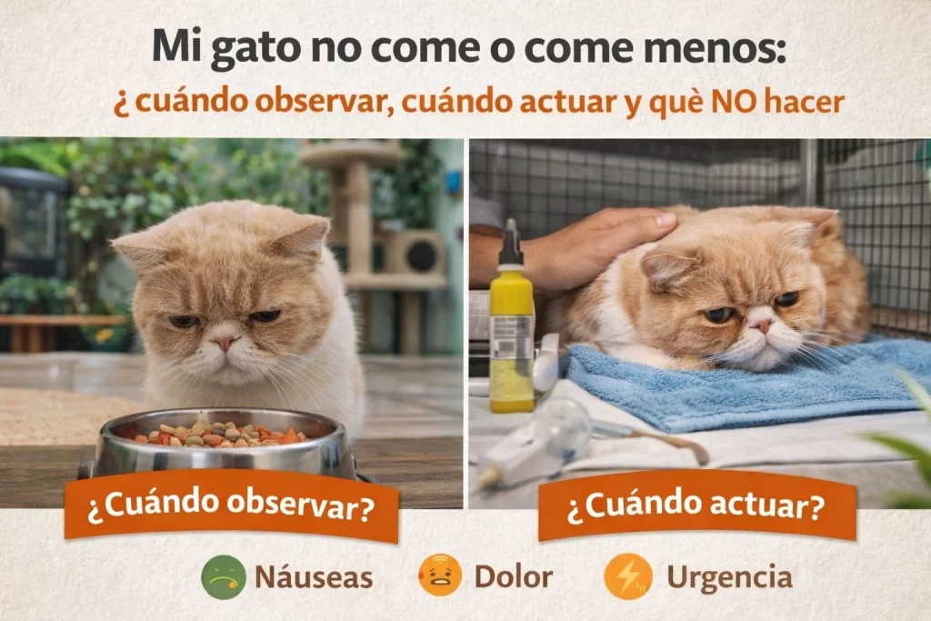 Guía visual veterinaria de Espacio Gatos que muestra un gato con bajo apetito y las diferencias entre observar en casa o actuar rápido ante náuseas, dolor o urgencia.