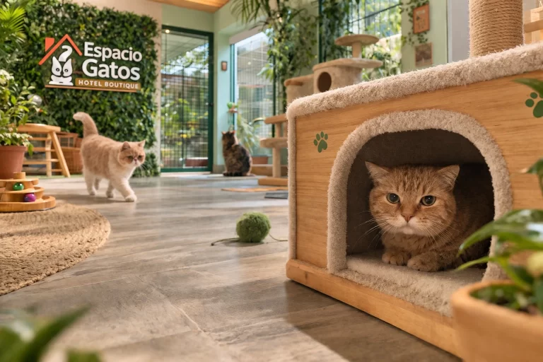 Gato refugiado en una casita dentro de Espacio Gatos Hotel Boutique, en un entorno felino seguro y tranquilo pensado para la adaptación de gatos tímidos o sensibles.