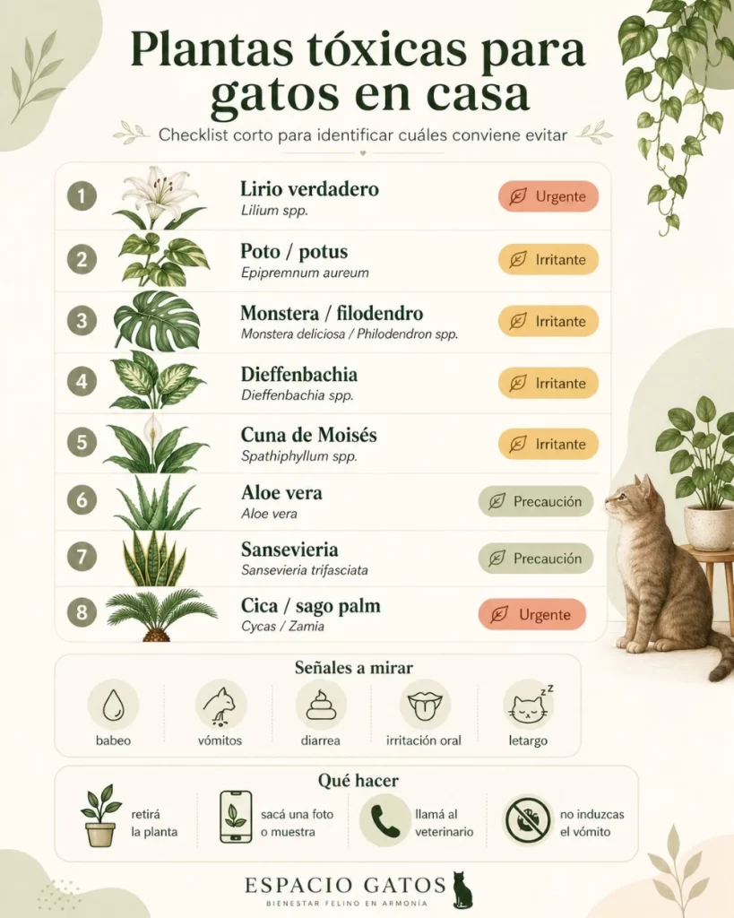 Infografía sobre plantas tóxicas para gatos en casa con checklist de especies a evitar, señales de alerta tras la ingesta y pasos recomendados para actuar sin remedios caseros.