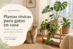 Gato doméstico en living luminoso junto a plantas de interior comunes, como imagen de portada de una guía sobre plantas tóxicas para gatos en casa y precauciones a tomar.