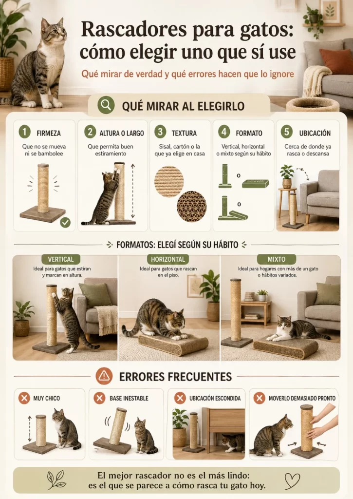 Infografía sobre cómo elegir un rascador para gatos según firmeza, altura, textura, formato y ubicación, con ejemplos de rascador vertical, horizontal y errores frecuentes.