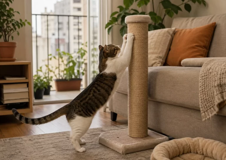 Gato indoor usando un rascador vertical firme junto a un sillón en un living pequeño y luminoso, como imagen de portada sobre cómo elegir un rascador para gatos.