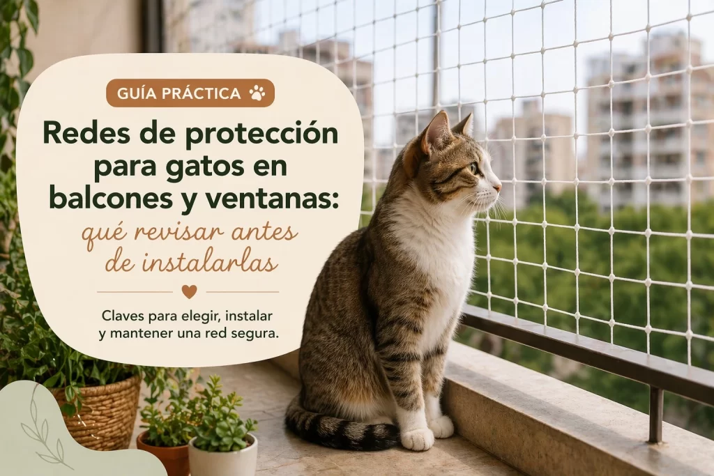 Gato en balcón de departamento con red de protección instalada, como imagen de portada de una guía sobre qué revisar antes de instalar redes para gatos en balcones y ventanas.