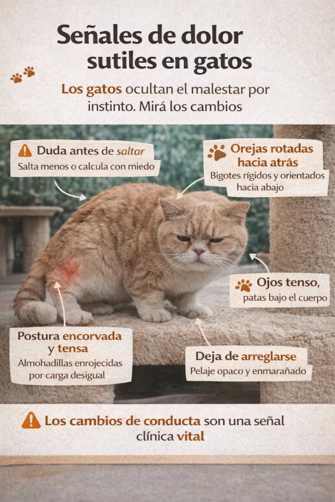 Guía visual de portada sobre señales sutiles de dolor en gatos, con un gato en postura tensa y marcas que señalan cambios en orejas, ojos, postura y grooming.