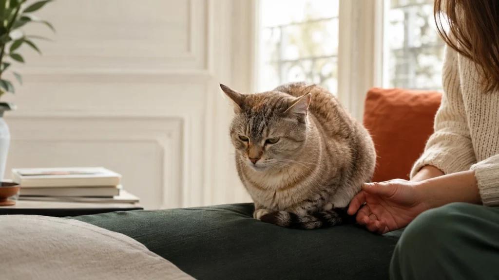 Tutora observa con atención a su gato, que muestra una postura contenida asociada a posibles señales sutiles de dolor.