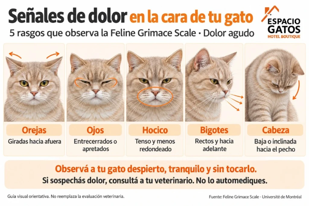 nfografía de cinco señales faciales de dolor en gatos: orejas hacia afuera, ojos entrecerrados, hocico tenso, bigotes hacia adelante y cabeza baja.