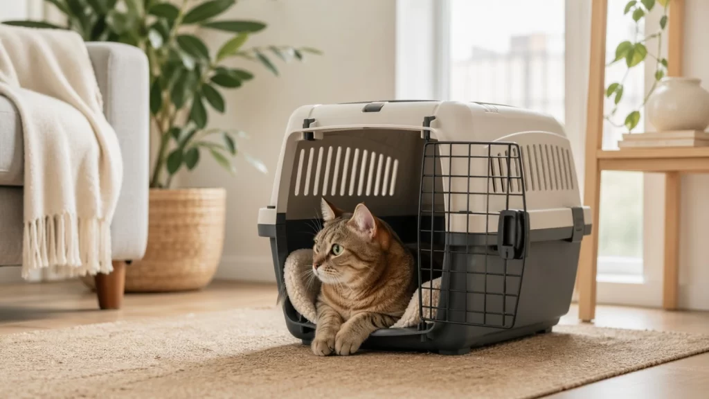 Gato descansando dentro de una transportadora rígida abierta en un ambiente cálido del hogar, como portada de una guía sobre cómo elegirla y acostumbrarlo antes de necesitarla.