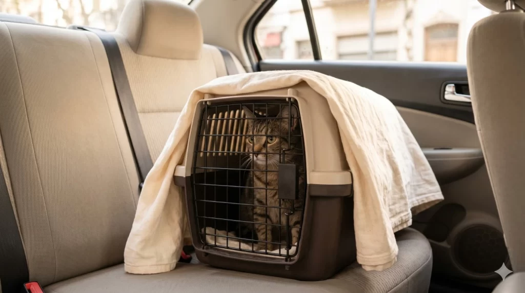 Gato doméstico dentro de una transportadora segura en el asiento trasero de un auto, cubierta parcialmente con una manta liviana para reducir estímulos visuales y viajar con menos estrés.