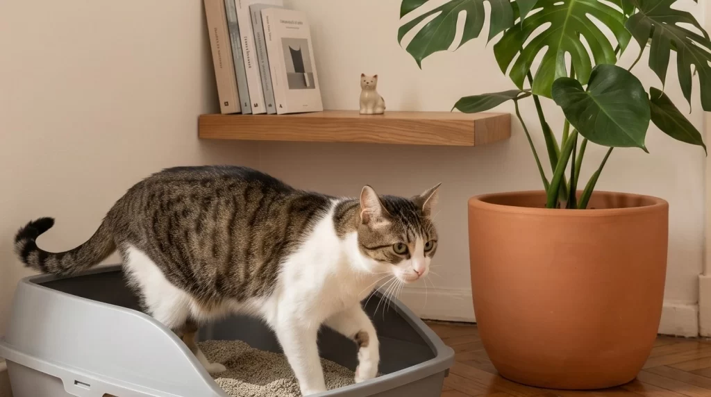 Gato doméstico usando un arenero en un rincón tranquilo de la casa, lejos de la comida y del agua.