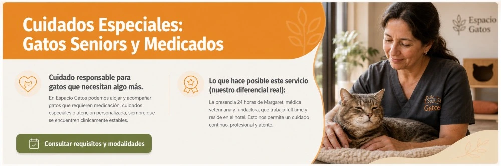 Banner de Espacio Gatos sobre cuidados especiales para gatos seniors y medicados, con foto de cuidadora acompañando a un gato adulto y botón para consultar requisitos y modalidades.