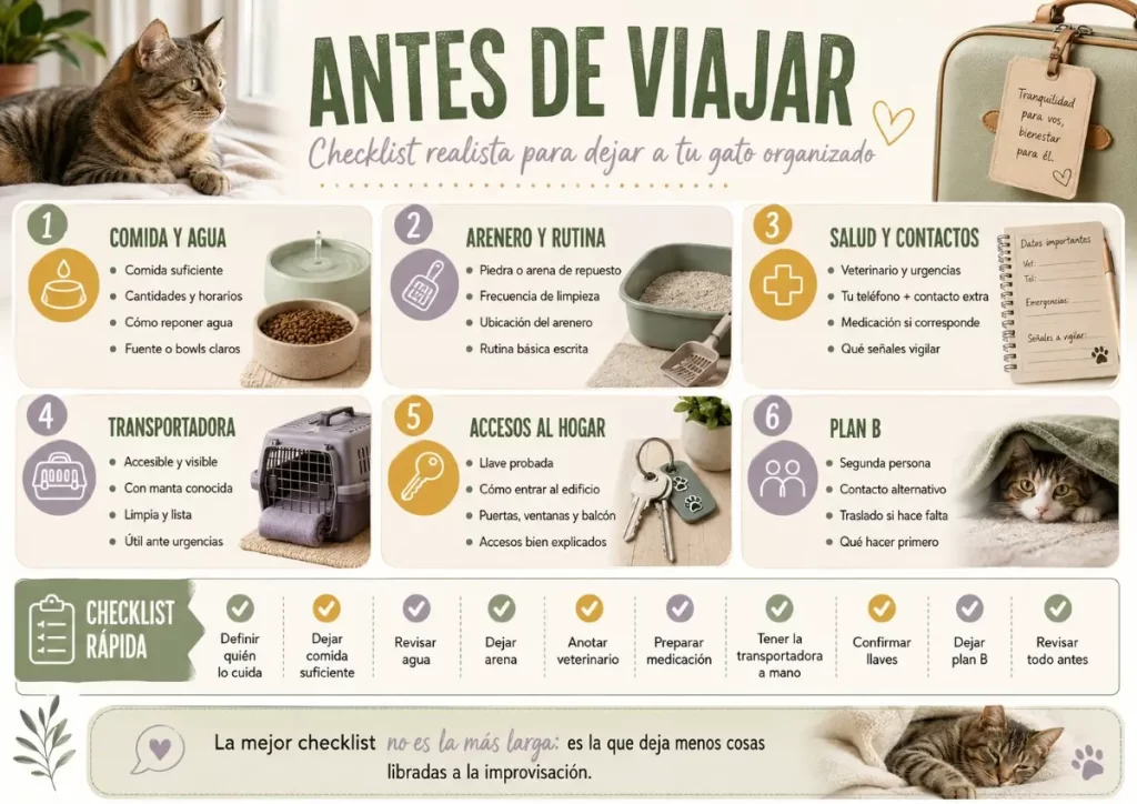 Infografía con checklist antes de viajar para dejar a tu gato organizado, incluyendo comida, agua, arenero, salud, transportadora, accesos y plan B.
