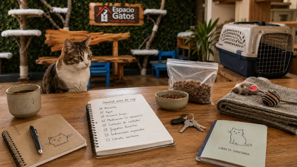 Gato en Espacio Gatos junto a transportadora, alimento, libreta sanitaria y checklist antes de viajar.