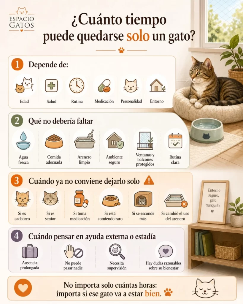 Infografía sobre cuánto tiempo puede quedarse solo un gato, con factores que influyen, qué no debería faltar en casa, cuándo no conviene dejarlo sin supervisión y cuándo pensar en ayuda externa.