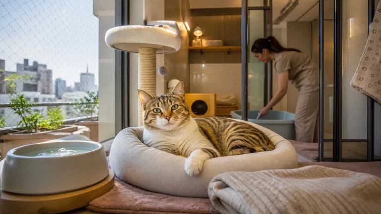Gato relajado en una cama dentro de un hotel para gatos, con cuidadora al fondo y ambiente cálido, como imagen principal sobre cuánto tiempo puede quedarse solo un gato.