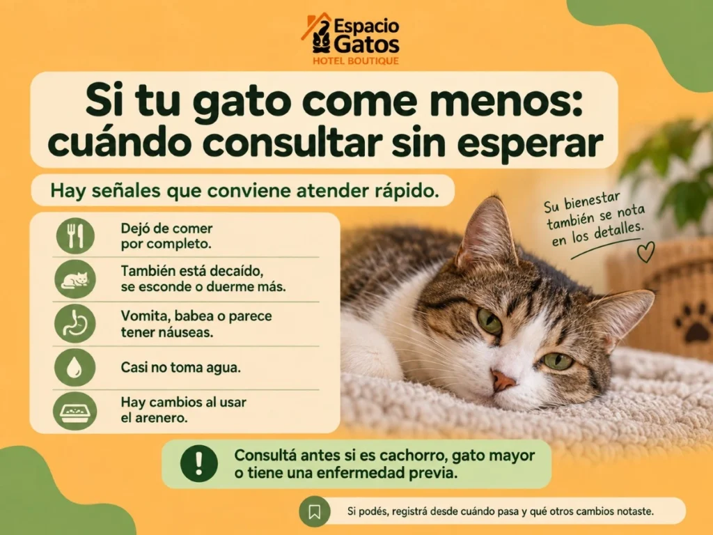 Infografía sobre señales de alerta cuando un gato come menos y cuándo consultar