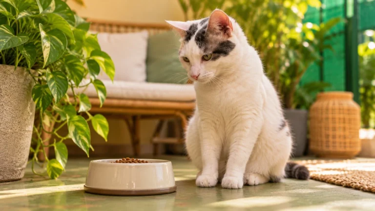 Gato observando su comida en un entorno tranquilo
