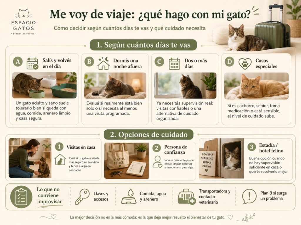 Infografía sobre qué hacer con un gato si su tutor se va de viaje, con opciones según cantidad de días, visitas en casa, persona de confianza o estadía en hotel felino.