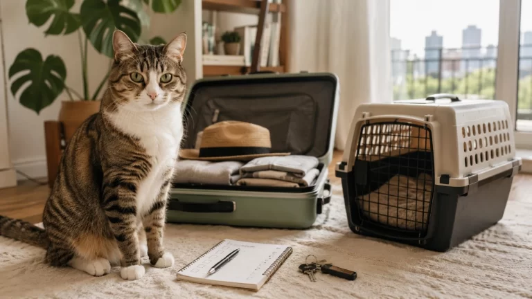 Gato en un departamento junto a una valija abierta, una transportadora y una lista de viaje para organizar su cuidado antes de viajar.