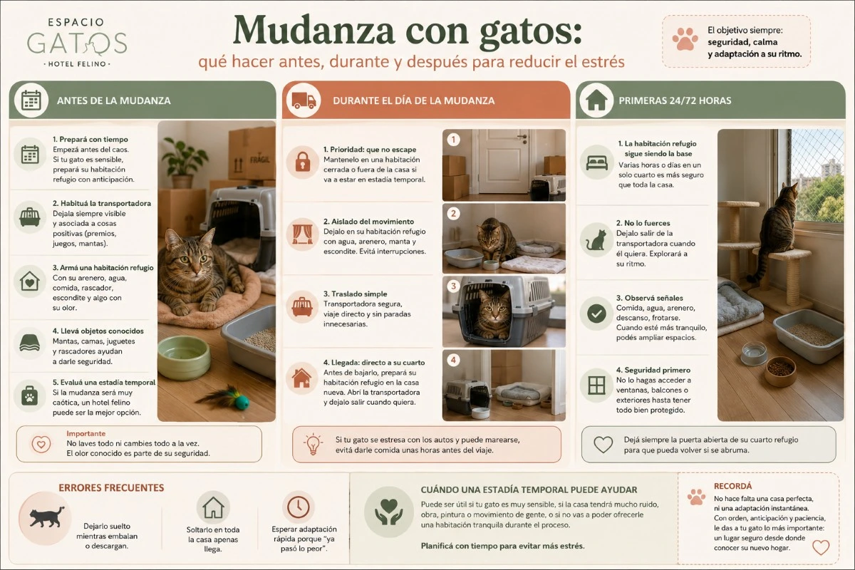Infografía sobre mudanza con gatos con pasos para preparar la transportadora, armar una habitación refugio y acompañar la adaptación durante las primeras 24 a 72 horas.