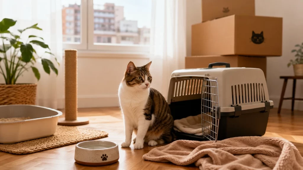 Gato junto a una transportadora abierta en una habitación refugio preparada para una mudanza, con cajas al fondo, arenero, agua y manta conocid
