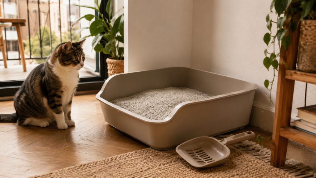 Gato junto a una bandeja sanitaria con piedras minerales en un departamento, con pala de limpieza y un ambiente cálido y ordenado.