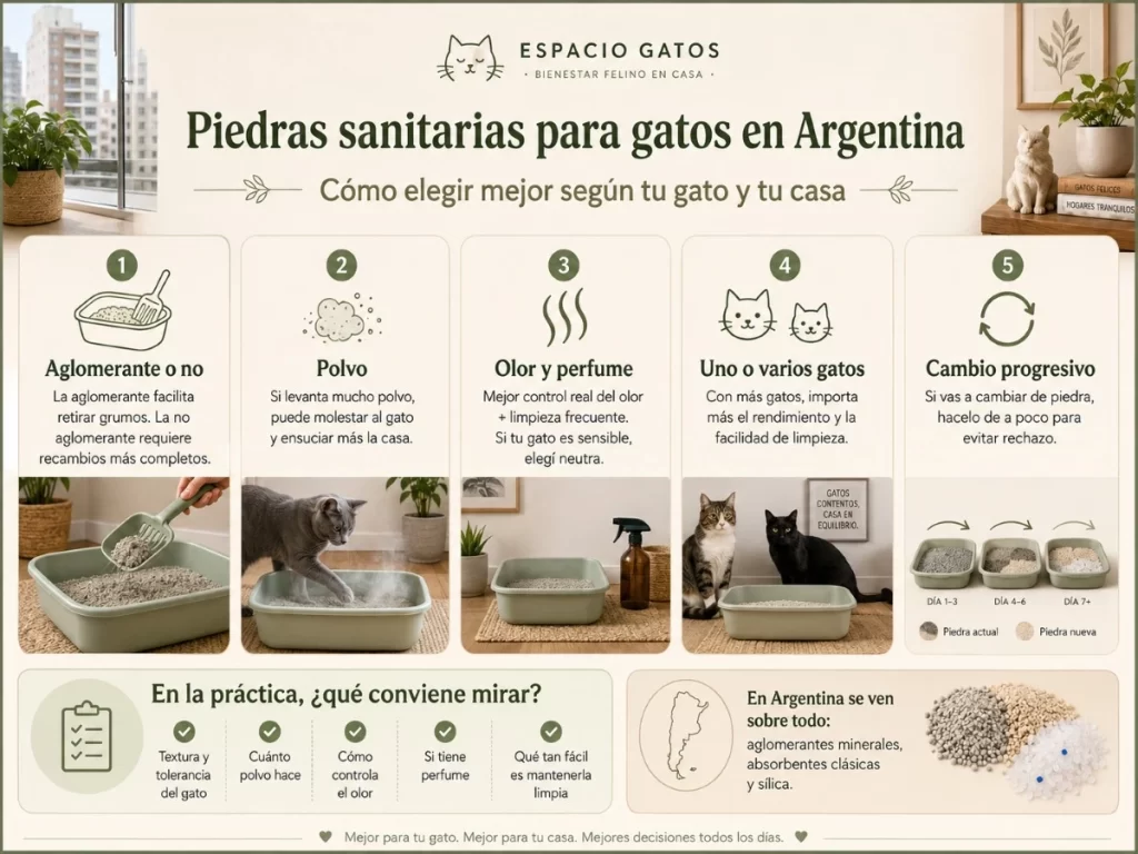 Infografía sobre cómo elegir piedras sanitarias para gatos en Argentina según aglomeración, polvo, olor, perfume, cantidad de gatos y cambio progresivo.