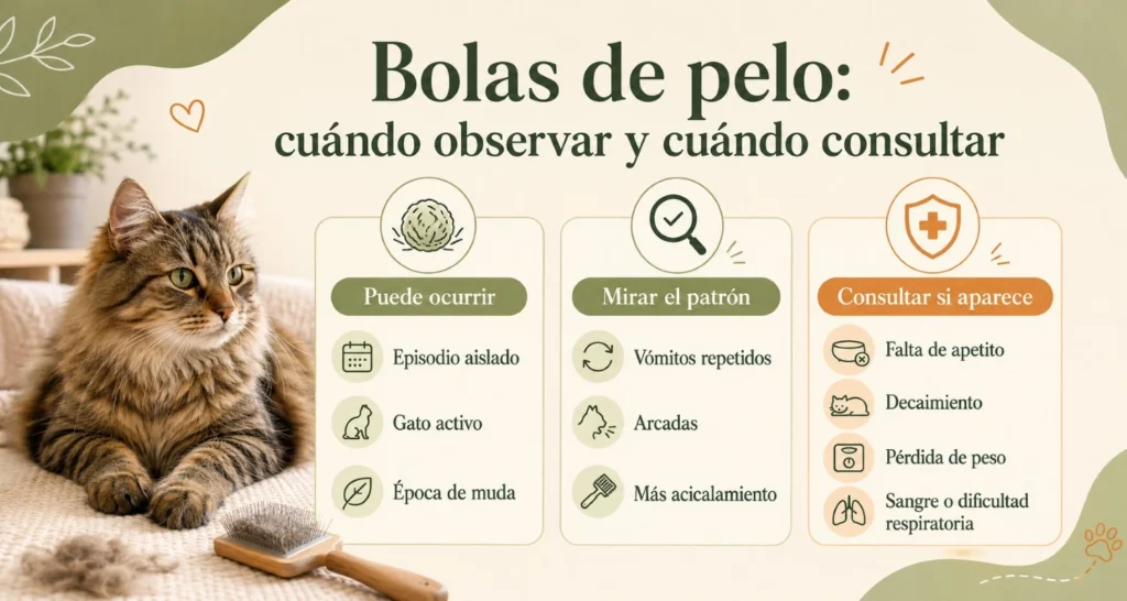 Infografía de Espacio Gatos sobre bolas de pelo en gatos: cuándo observar, cuándo consultar y qué señales no conviene normalizar.