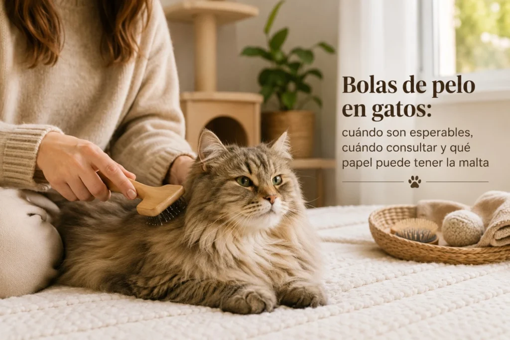 Gato de pelo largo siendo cepillado por su tutora en casa para prevenir bolas de pelo y observar cambios en su pelaje.