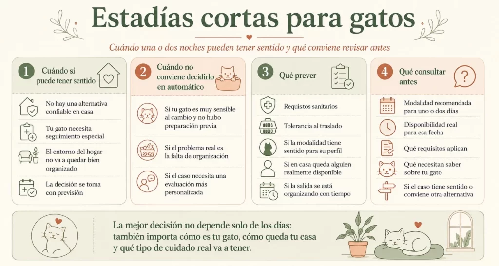 Infografía sobre estadías cortas para gatos en CABA: cuándo una o dos noches pueden tener sentido, qué prever y qué consultar antes de reservar.