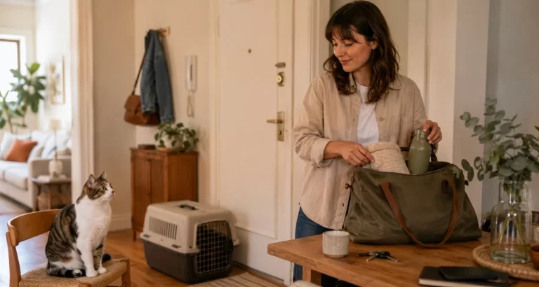 Tutora preparando una salida de fin de semana con su gato y transportadora mientras evalúa una estadía corta para gatos en Buenos Aires.