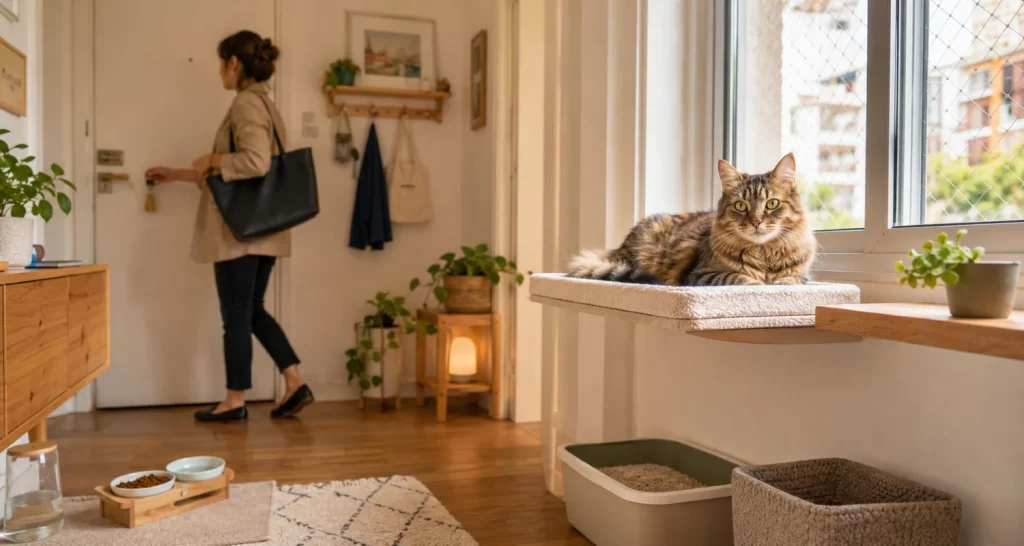 Gato en un departamento con agua, comida y arenero listos mientras su tutora sale a trabajar en Argentina.