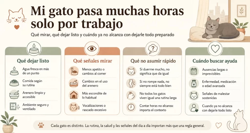 Infografía sobre qué revisar si tu gato pasa muchas horas solo por trabajo: recursos básicos, señales de malestar y cuándo buscar ayuda.