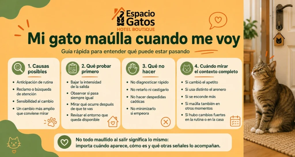 Infografía de Espacio Gatos sobre qué significa que un gato maúlle cuando su tutor se va: causas posibles, qué probar primero, qué no hacer y cuándo mirar el contexto completo.