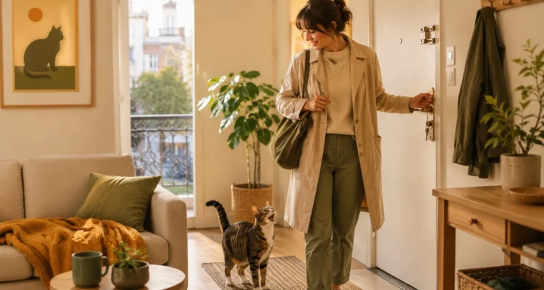 Gato maullando cerca de la puerta mientras su tutora se prepara para salir de casa en una rutina cotidiana.