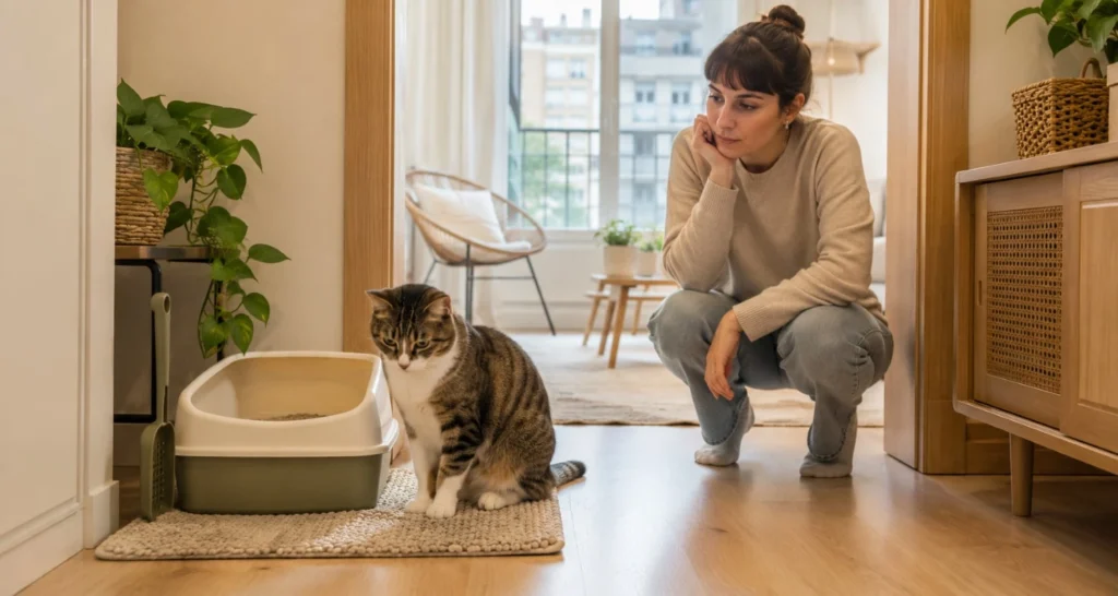 Gato junto al arenero mientras su tutora observa con atención posibles señales de dificultad para orinar en casa.