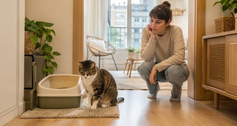 Gato junto al arenero mientras su tutora observa con atención posibles señales de dificultad para orinar en casa.