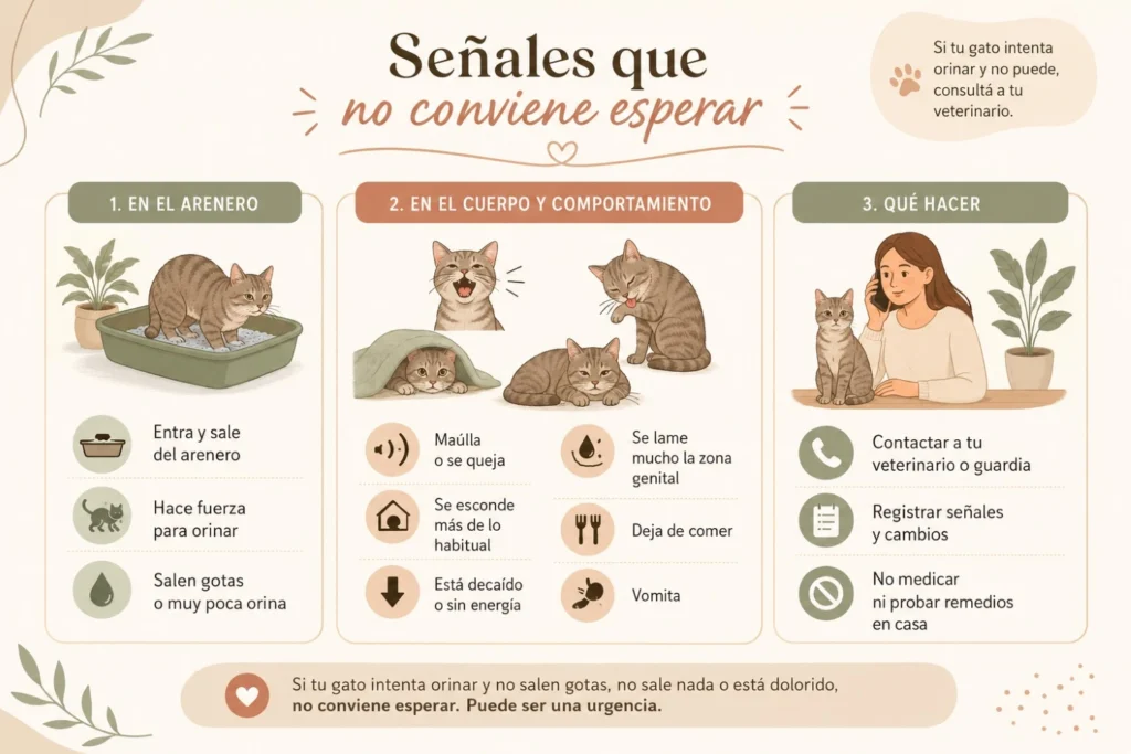 Infografía de Espacio Gatos sobre señales de urgencia si un gato intenta orinar y no puede: cambios en el arenero, síntomas físicos y qué hacer.