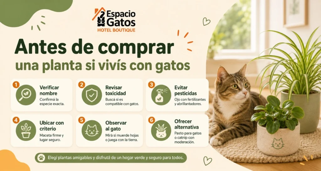 Infografía de Espacio Gatos con checklist para elegir plantas seguras para gatos antes de comprarlas: especie, toxicidad, pesticidas, ubicación y observación del gato.